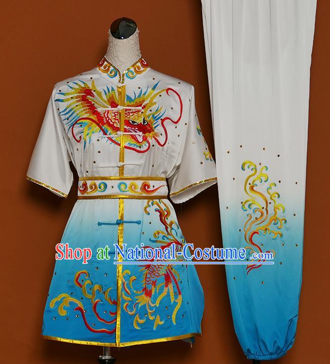 Chinese Martial Arts Competition Embroidered Dragon Blue Uniforms Traditional Kung Fu Tai Chi Training Costume for Men