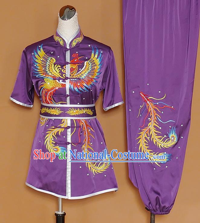 Chinese Professional Martial Arts Embroidered Phoenix Purple Costume Traditional Kung Fu Competition Tai Chi Clothing for Women