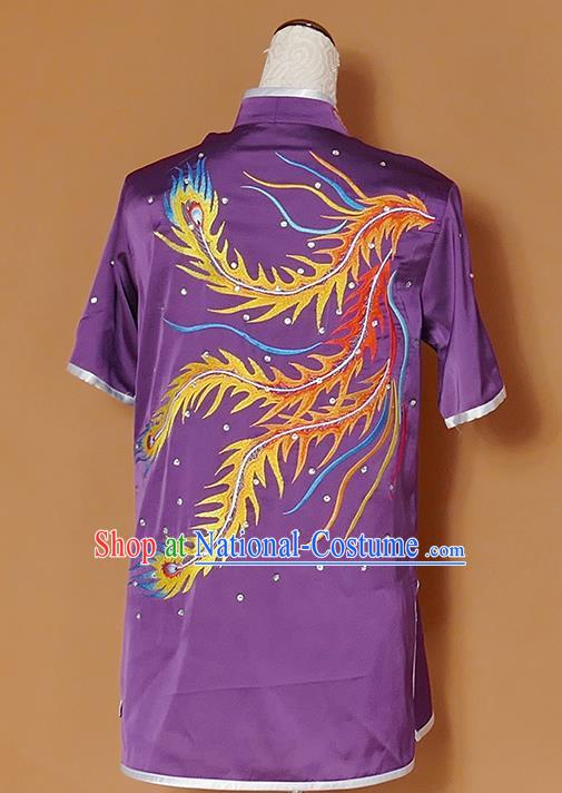 Chinese Professional Martial Arts Embroidered Phoenix Purple Costume Traditional Kung Fu Competition Tai Chi Clothing for Women