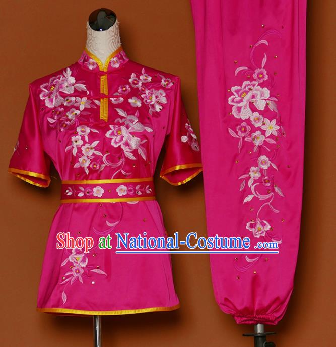 Chinese Professional Martial Arts Embroidered Peony Rosy Costume Traditional Kung Fu Competition Tai Chi Clothing for Women