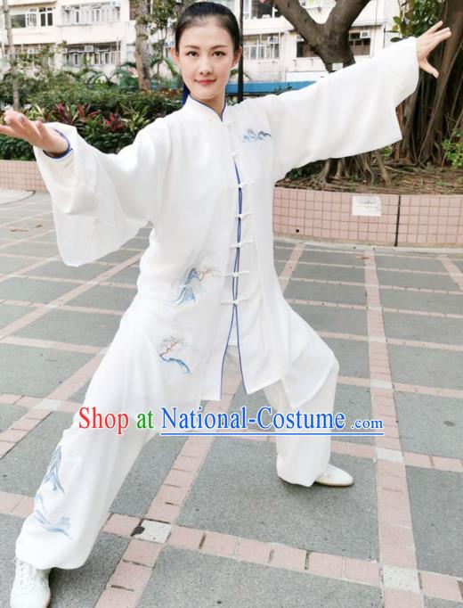 Chinese Professional Martial Arts Landscape Painting White Costume Traditional Kung Fu Competition Tai Chi Clothing for Women