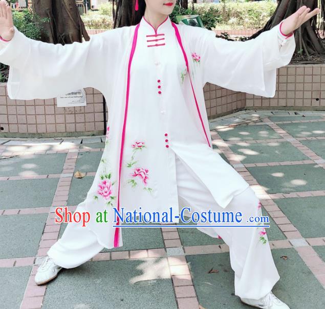 Professional Chinese Martial Arts Embroidered Peony White Costume Traditional Kung Fu Competition Tai Chi Clothing for Women