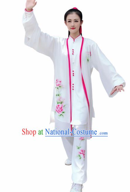 Professional Chinese Martial Arts Embroidered Peony White Costume Traditional Kung Fu Competition Tai Chi Clothing for Women