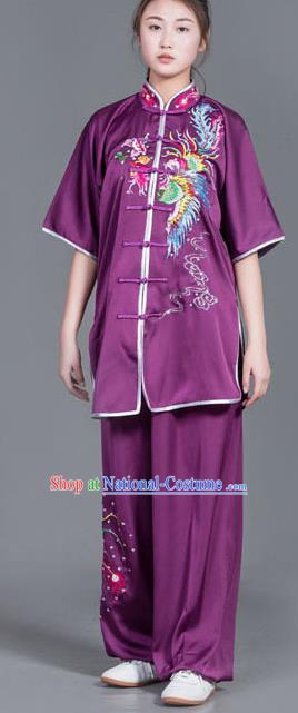 Chinese Martial Arts Competition Embroidered Phoenix Purple Uniforms Traditional Kung Fu Tai Chi Training Costume for Men