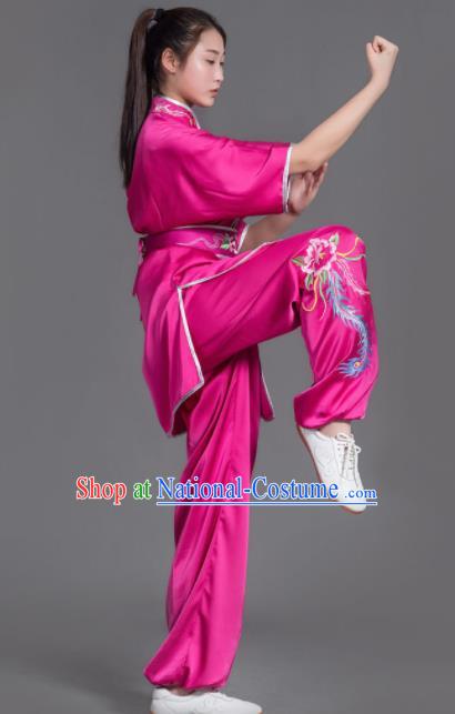 Chinese Martial Arts Competition Embroidered Phoenix Rosy Uniforms Traditional Kung Fu Tai Chi Training Costume for Men