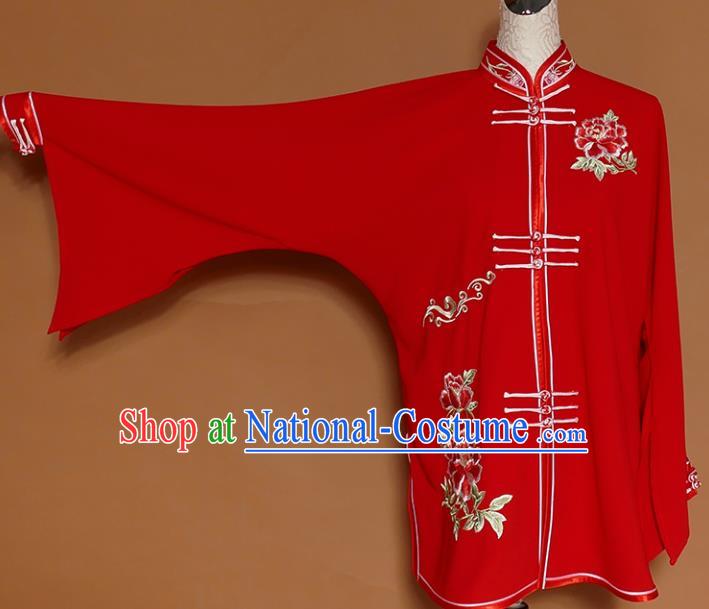 Chinese Traditional Best Martial Arts Embroidered Peony Red Costume Kung Fu Competition Tai Chi Clothing for Women