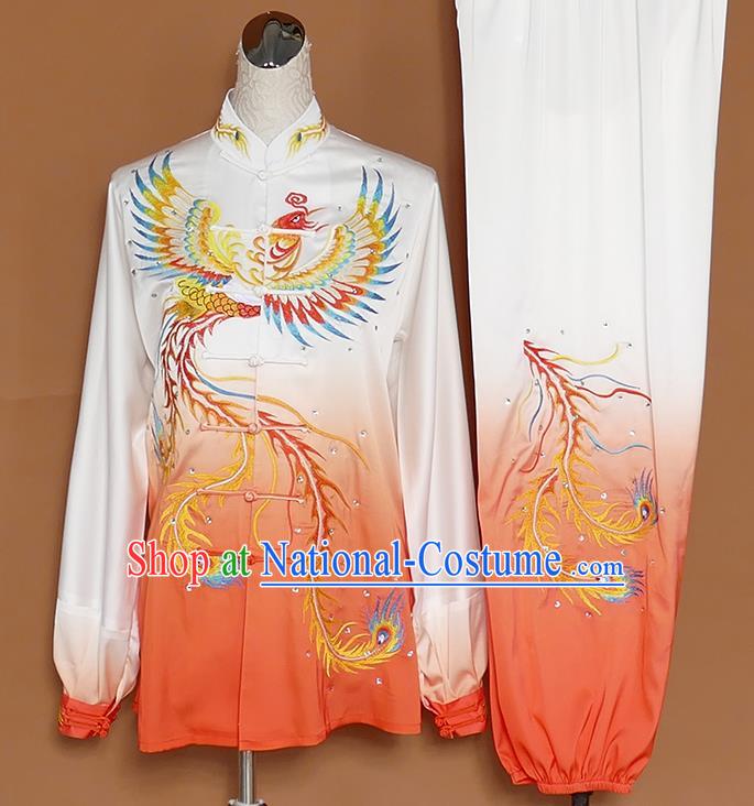 Chinese Traditional Best Martial Arts Embroidered Phoenix Orange Costume Kung Fu Competition Tai Chi Clothing for Women