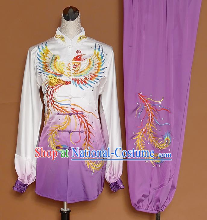 Chinese Traditional Best Martial Arts Embroidered Phoenix Purple Costume Kung Fu Competition Tai Chi Clothing for Women