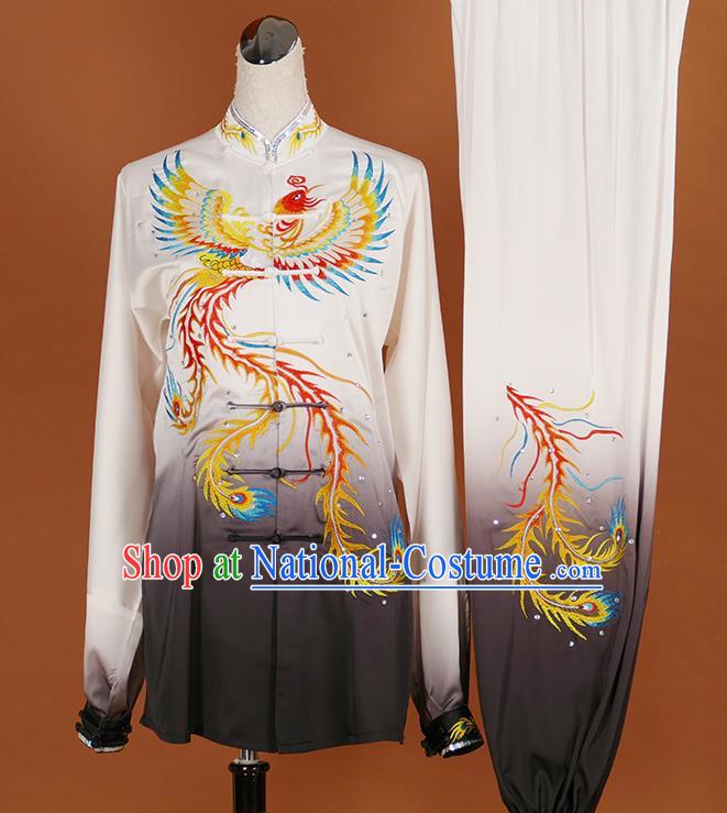 Chinese Traditional Best Martial Arts Embroidered Phoenix Grey Costume Kung Fu Competition Tai Chi Clothing for Women