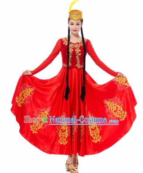 Traditional Chinese Uyghur Ethnic Costume Uyghurian Nationality Minority Dance Red Dress for Women