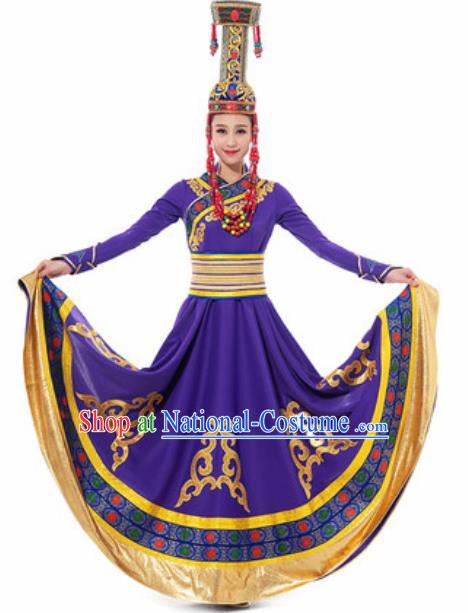 Traditional Chinese Mongol Ethnic Costume Mongolian Nationality Minority Dance Purple Dress for Women