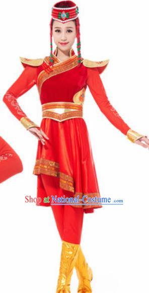 Traditional Chinese Mongol Ethnic Costume Mongolian Nationality Minority Dance Red Dress for Women