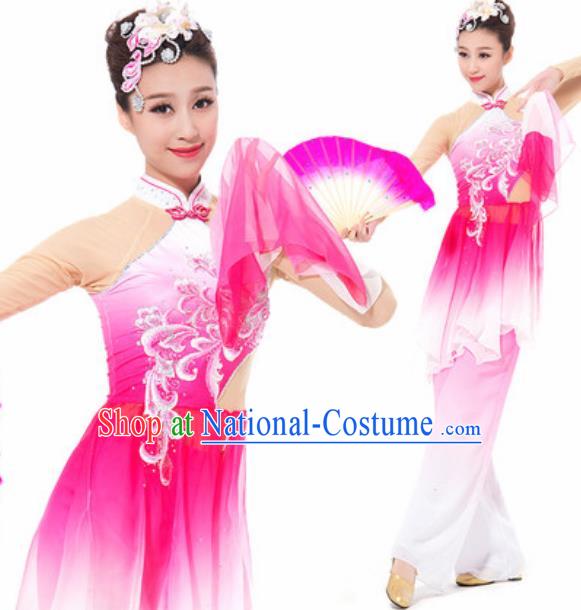 Chinese Spring Festival Gala Fan Dance Rosy Dress Traditional Classical Dance Costume for Women