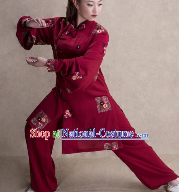 Chinese Traditional Martial Arts Wine Red Costume Kung Fu Tai Chi Training Clothing for Women