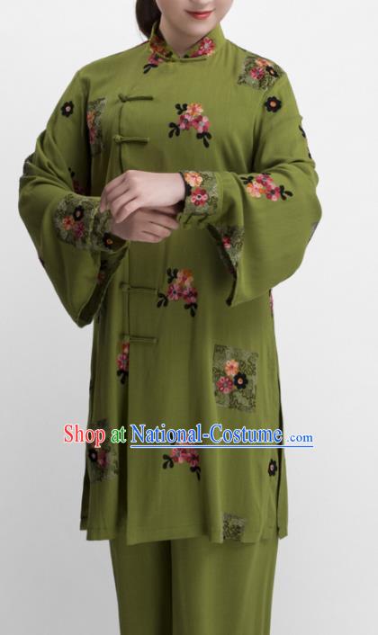 Chinese Traditional Martial Arts Olive Green Costume Kung Fu Tai Chi Training Clothing for Women