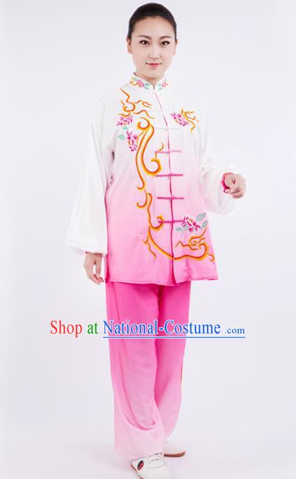 Chinese Traditional Martial Arts Competition Embroidered Peony Pink Costume Kung Fu Tai Chi Training Clothing for Women