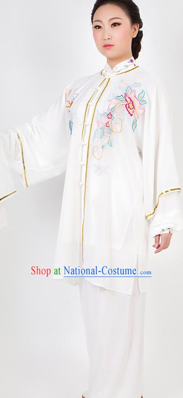 Chinese Traditional Martial Arts Embroidered Peony White Costume Best Kung Fu Competition Tai Chi Training Clothing for Women