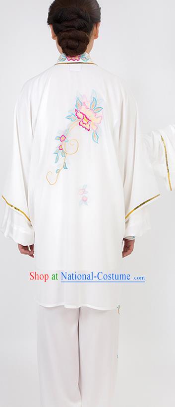 Chinese Traditional Martial Arts Embroidered Peony White Costume Best Kung Fu Competition Tai Chi Training Clothing for Women