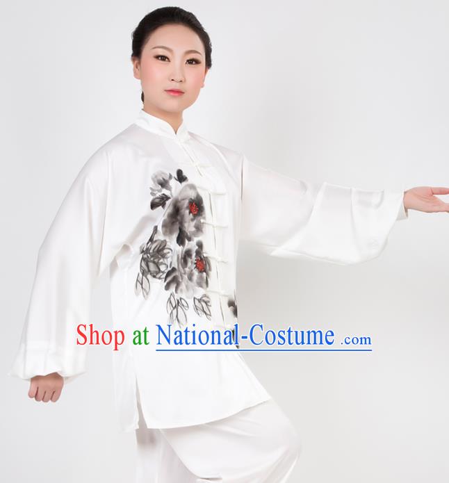 Chinese Traditional Martial Arts Ink Painting Peony Costume Best Kung Fu Competition Tai Chi Training Clothing for Women