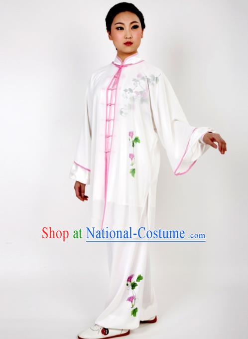 Chinese Traditional Martial Arts Printing Petunia White Costume Best Kung Fu Competition Tai Chi Training Clothing for Women