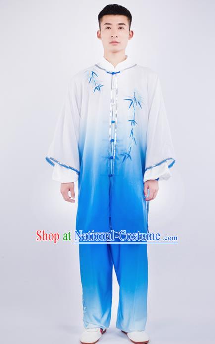 Chinese Traditional Martial Arts Competition Embroidered Bamboo Blue Costume Kung Fu Tai Chi Training Clothing for Men