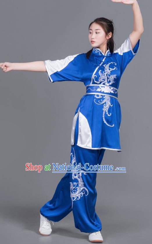 Professional Chinese Martial Arts Embroidered Royalblue Costume Traditional Kung Fu Competition Tai Chi Clothing for Women