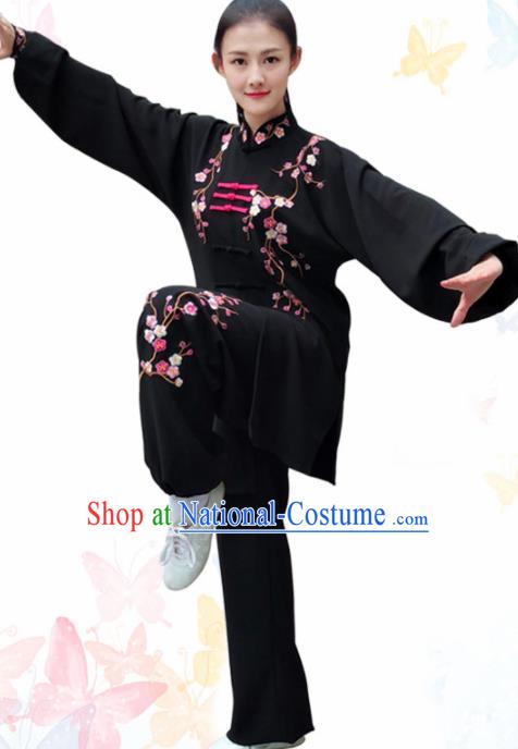 Professional Chinese Martial Arts Embroidered Plum Black Costume Traditional Kung Fu Competition Tai Chi Clothing for Women