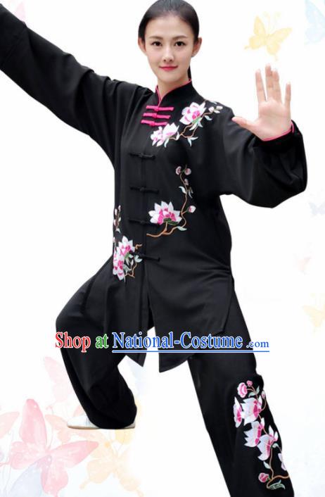 Professional Chinese Martial Arts Embroidered Magnolia Black Costume Traditional Kung Fu Competition Tai Chi Clothing for Women