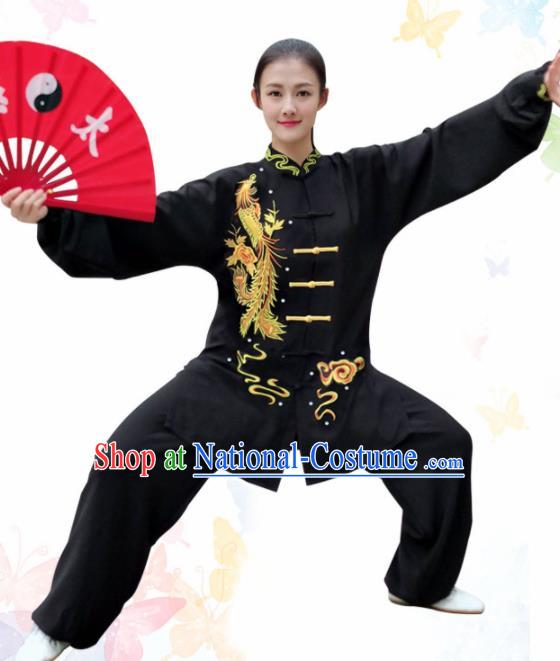 Professional Chinese Martial Arts Embroidered Phoenix Black Costume Traditional Kung Fu Competition Tai Chi Clothing for Women