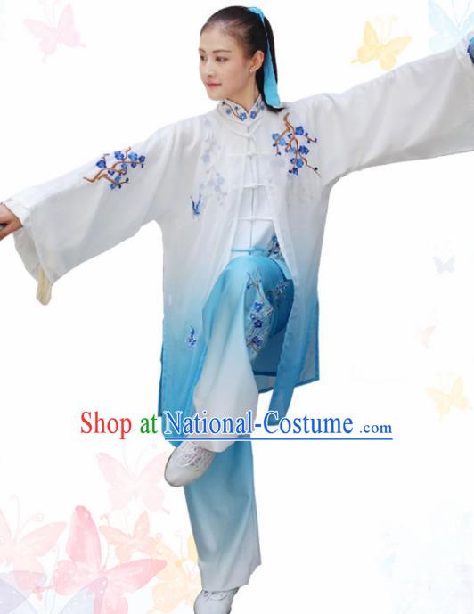 Professional Chinese Martial Arts Embroidered Plum Blue Costume Traditional Kung Fu Competition Tai Chi Clothing for Women