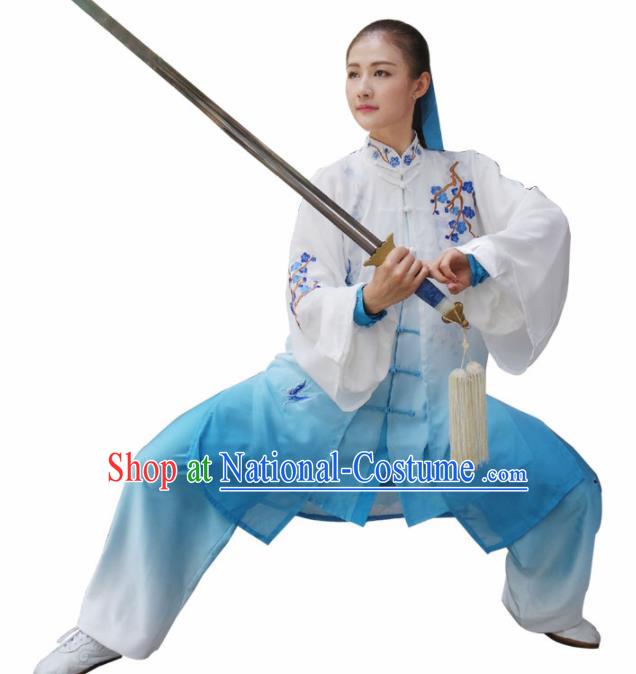 Professional Chinese Martial Arts Embroidered Plum Blue Costume Traditional Kung Fu Competition Tai Chi Clothing for Women