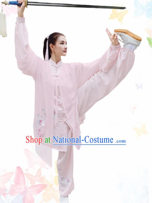 Professional Chinese Martial Arts Embroidered Magnolia Pink Costume Traditional Kung Fu Competition Tai Chi Clothing for Women