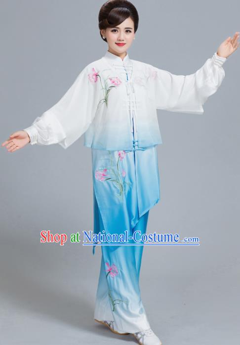 Professional Chinese Martial Arts Embroidered Lily Flower Blue Costume Traditional Kung Fu Competition Tai Chi Clothing for Women