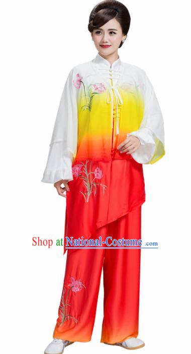 Professional Chinese Martial Arts Embroidered Lily Flower Orange Costume Traditional Kung Fu Competition Tai Chi Clothing for Women