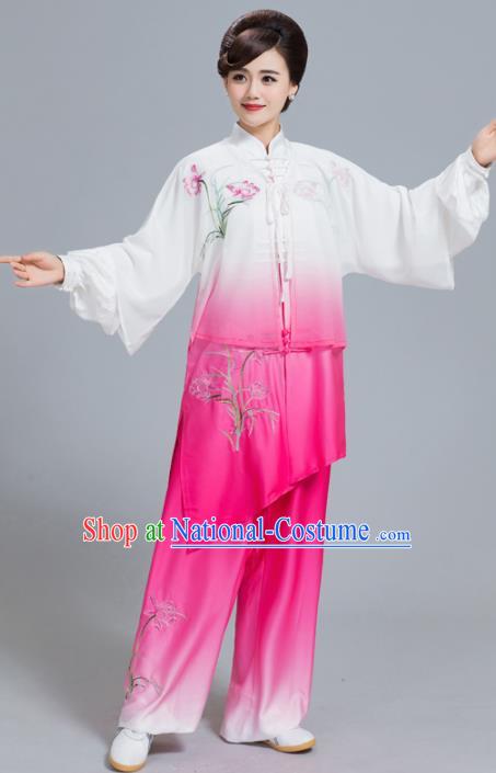 Professional Chinese Martial Arts Embroidered Lily Flower Rosy Costume Traditional Kung Fu Competition Tai Chi Clothing for Women