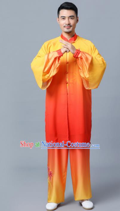 Traditional Chinese Martial Arts Competition Embroidered Bamboo Orange Uniforms Kung Fu Tai Chi Training Costume for Men