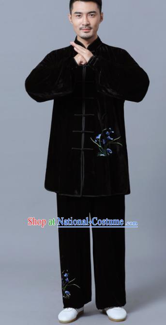 Traditional Chinese Martial Arts Competition Printing Orchid Black Velvet Uniforms Kung Fu Tai Chi Training Costume for Men