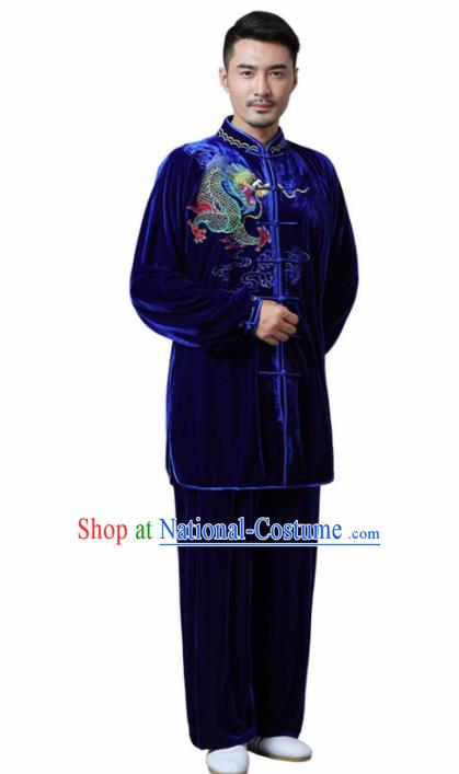 Traditional Chinese Martial Arts Competition Printing Dragon Royalblue Velvet Uniforms Kung Fu Tai Chi Training Costume for Men