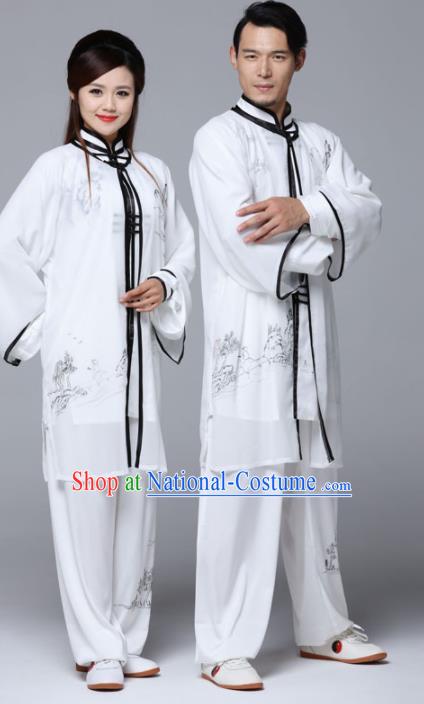 Traditional Chinese Martial Arts Competition Ink Painting White Uniforms Kung Fu Tai Chi Training Costume for Adults