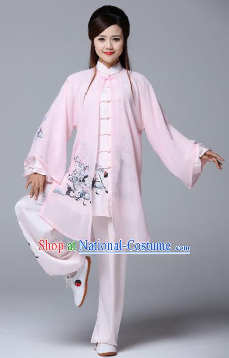 Professional Chinese Martial Arts Ink Painting Crane Pink Costume Traditional Kung Fu Competition Tai Chi Clothing for Women