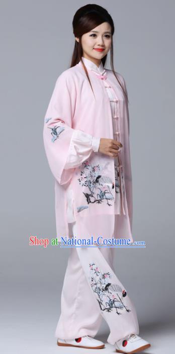 Professional Chinese Martial Arts Ink Painting Crane Pink Costume Traditional Kung Fu Competition Tai Chi Clothing for Women