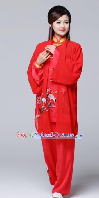 Professional Chinese Martial Arts Ink Painting Crane Red Costume Traditional Kung Fu Competition Tai Chi Clothing for Women