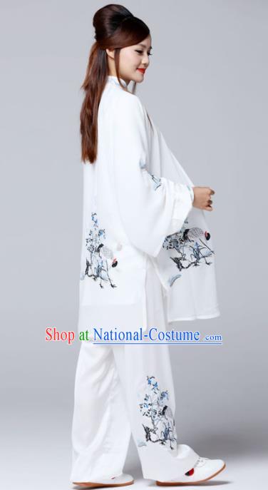 Professional Chinese Martial Arts Ink Painting Crane White Costume Traditional Kung Fu Competition Tai Chi Clothing for Women