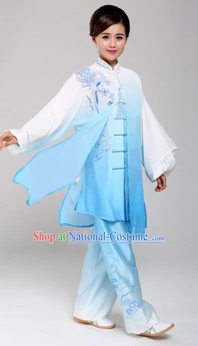 Professional Chinese Martial Arts Embroidered Blue Costume Traditional Kung Fu Competition Tai Chi Clothing for Women