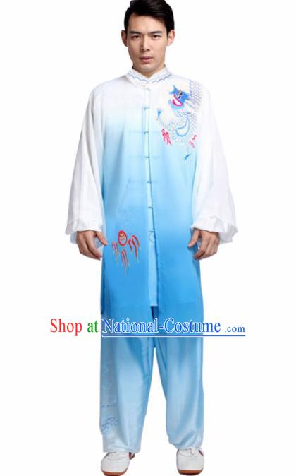 Traditional Chinese Martial Arts Competition Embroidered Dragon Blue Uniforms Kung Fu Tai Chi Training Costume for Adults