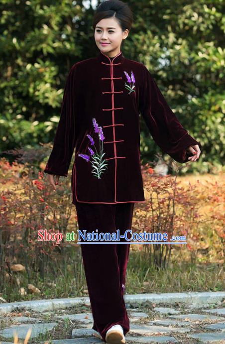 Professional Martial Arts Competition Embroidered Lavender Purplish Red Costume Chinese Traditional Kung Fu Tai Chi Clothing for Women