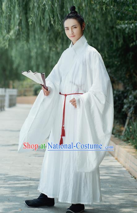 Traditional Chinese Ming Dynasty Scholar White Robe Ancient Drama Taoist Priest Replica Costumes for Men