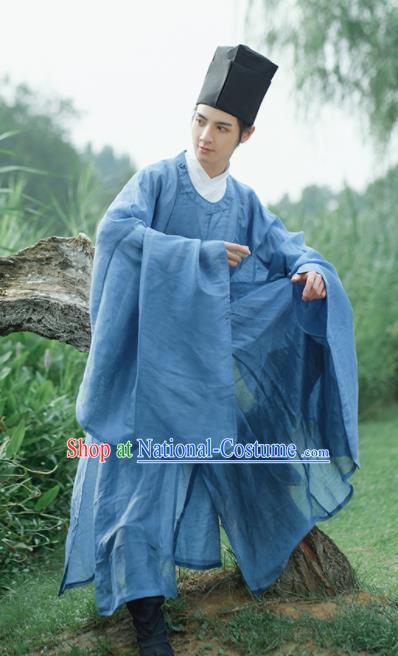 Traditional Chinese Ming Dynasty Childe Scholar Blue Robe Ancient Drama Taoist Priest Replica Costumes for Men