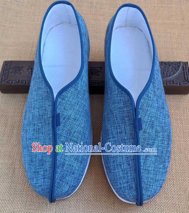 Traditional Chinese Cloth Shoes Handmade Multi Layered Shoes Martial Arts Blue Linen Shoes for Men