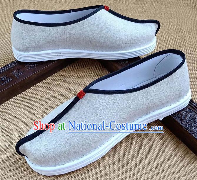 Traditional Chinese Beige Linen Monk Shoes Handmade Multi Layered Cloth Shoes Martial Arts Shoes for Men